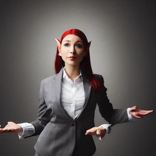 Image similar to a female elf dressed in business suit, cinematic photography