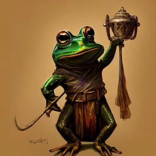 Prompt: Portrait of a medieval humanoid frog dressed like a wizard and carrying magic trinkets, painted by Craig Mullins, trending on ArtStation