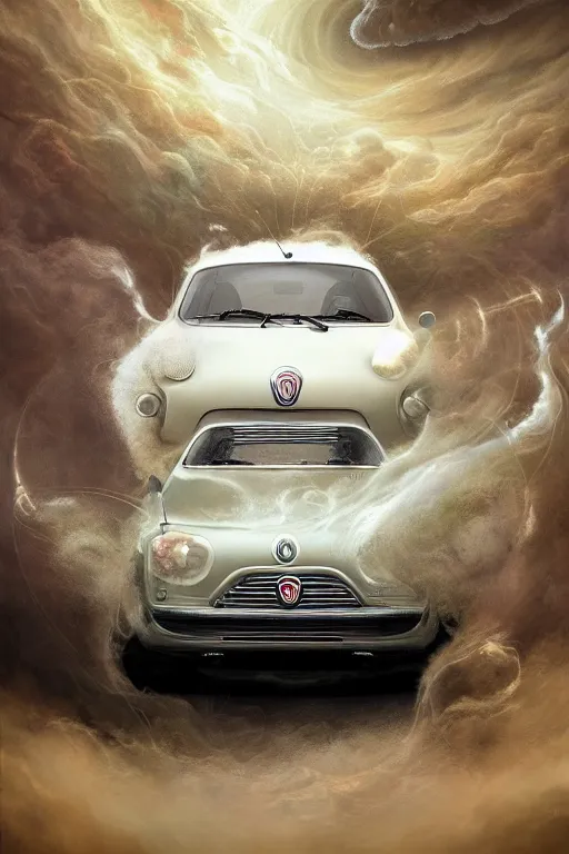 Image similar to Intricate stunning highly detailed FIAT 600 White from the 60s by agostino arrivabene and Vladimir Kush, surreal, digital painting, ultra realistic, Horror vacui, dramatic lighting, full moon, thick black swirling smoke tornado, burning fire embers, artstation