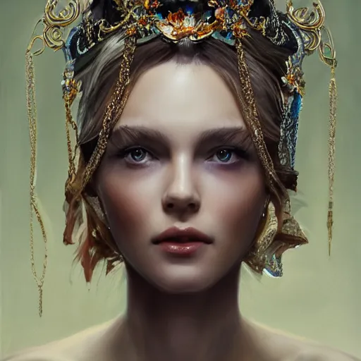 Image similar to expressive oil painting, of alluring european princess, seductive look, smirking, smooth glowing skin, glistening body, love, adoration, sweat, tattoos, ornate headpiece made from beads, glamour shot, by yoshitaka amano, by greg rutkowski, digital art, octane render, artstation, grunge aesthetic