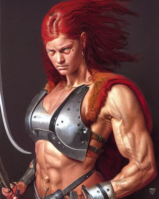 Prompt: a portrait of a muscular female warrior by boris valejo and Thomas Cole and Wayne Barlowe