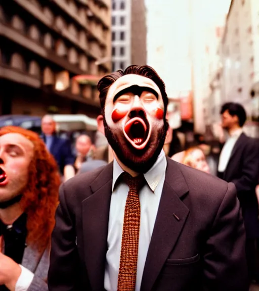 Prompt: man in a suit with spaghetti face screaming in a crowd in san - francisco, film photography, direct flash, kodak portra 4 0 0,