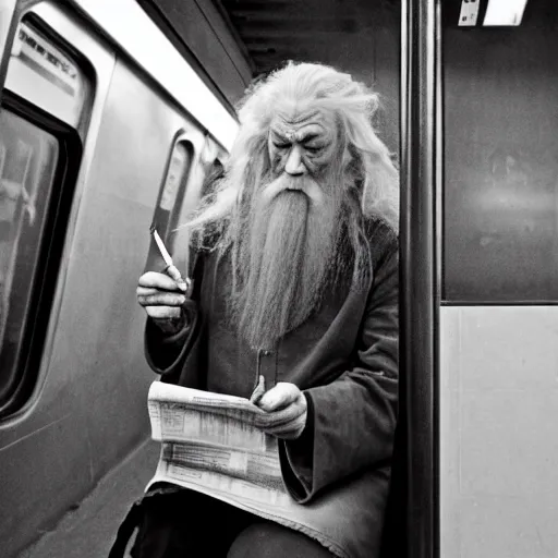 Image similar to gandalf sitting in subway train, reading newspaper and smoking pipo, photorealistic, dramatic lighting