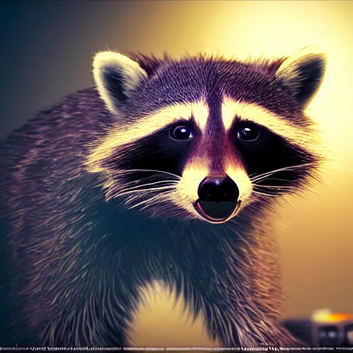 Image similar to a hyperrealistic octane render of a raccoon holding a dslr camera taking a photograph, photorealism, unreal engine, dramatic lighting, volumetric lighting, uplighting