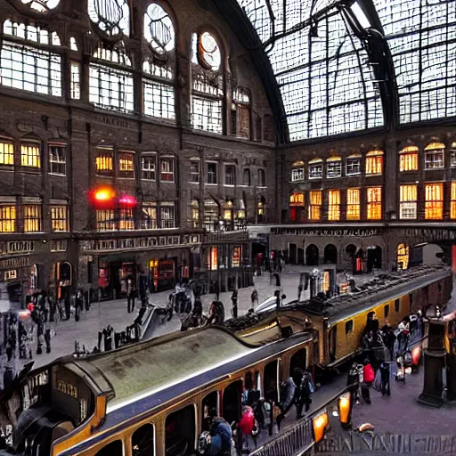 Prompt: A beautiful historical interior of Amsterdam central station with steam locomotives leaving the station, blinding backlight sunset, hyper real highly detailed