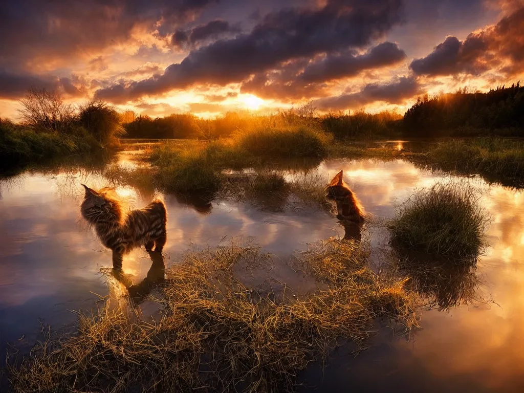 Image similar to amazing landscape photo of a maine coon bathing in a lake in sunset by marc adamus, beautiful dramatic lighting