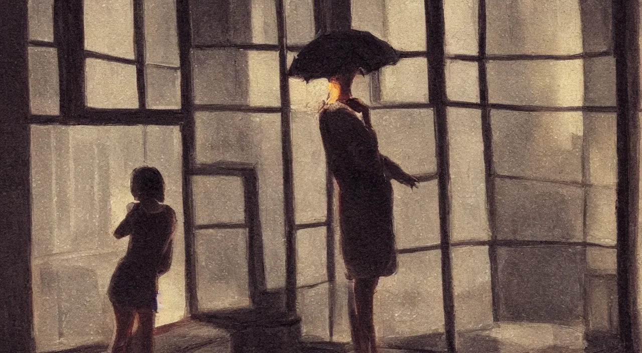 Prompt: a girl stuyding at night infront of rainy window