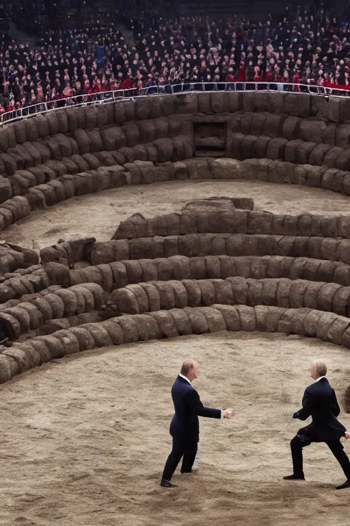 Image similar to putin vs joe biden inside a gladiator arena, 4 k, high res, movie still