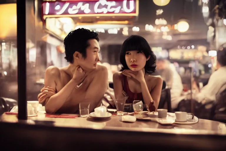 Image similar to movie interior closeup beautiful Japanese model couple closeup sitting and talking at 50s diner, night in the city, beautiful skin, by Emmanuel Lubezki