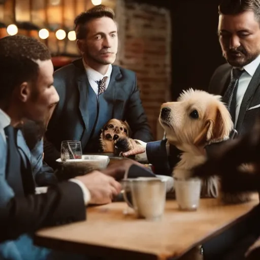 Prompt: a group of cute puppies wearing three piece suits having a discussion inside of a bar, 8k, cinematic, detailed,