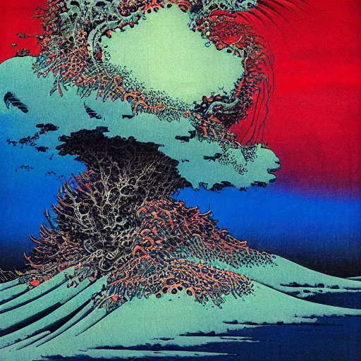 Prompt: alien landscape from another dimension, katsushika hokusai, beksinski, high details, colorful