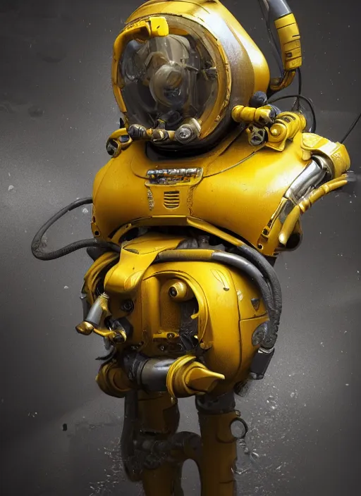 Image similar to a photorealistic dramatic hyperrealistic underwater render of an exosuit deep sea submersible, ultra realistic details, glossy yellow, well worn, rust, oil stains by vitaly bulgarov and mike nash, beautiful dramatic dark moody tones and lighting, cinematic atmosphere, studio lighting, global illumination, shadows, dark background, octane render, 8 k