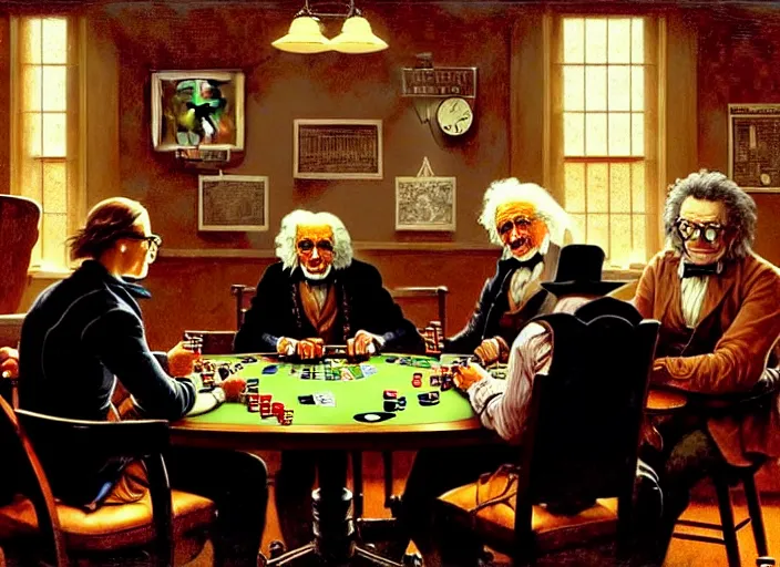 Image similar to isaac newton and stephen hawkins and asimov and albert einstein playing poker in an old west saloon, centered, digital painting, artstation, concept art, smooth, illustration, art by james gurney and norman rockwell and greg rutkowski