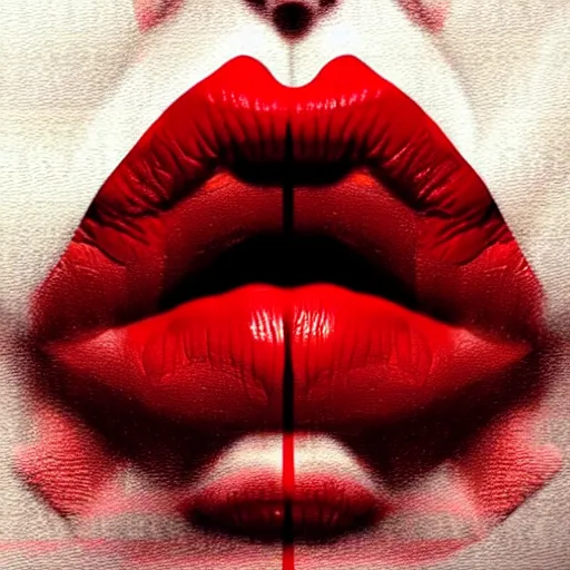 Image similar to lips sewn shut surrounded by red curtains by Conrad Roset and Nicola Samuri, close-up shot, rule of thirds, seductive look, beautiful, intricate, dystopian, sci-fi, extremely detailed, digital painting, artstation, concept art, smooth, sharp focus, illustration, intimidating lighting, incredible art, details visible, very dark ambiance