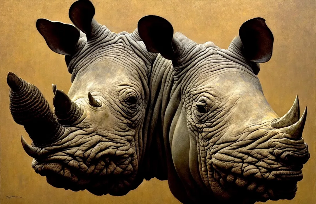 Image similar to portrait of a rhino!!!!!!!!!!!!!!!!!!!!!!!!!!!, detailed face, detailed painting, epic lighting, by ilya repin, phil hale and kent williams