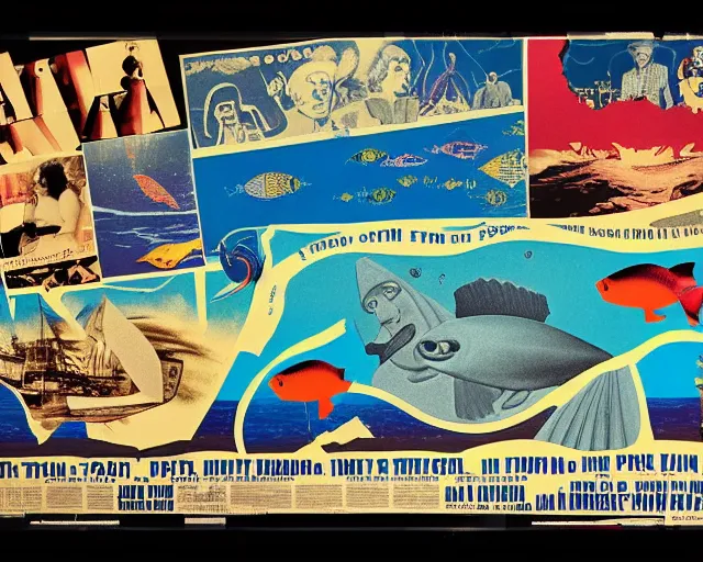 Prompt: footage of a theater stage, 1976 poster, cut out collage, film noir, break of dawn on Neptun, epic theater, tropical fish, nautical maps, NY style grafitti, in style of Monty Python, composition by Prince, written by Ernst Jandl, lens flare