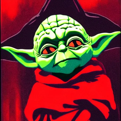 Image similar to evil yoda, red power, dark background, artwork by john hoyland and cory loftis