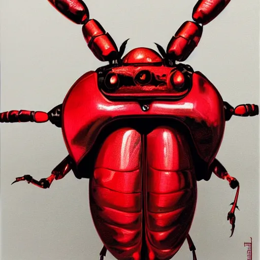Prompt: macro portrait of a red robotic beetle face with pincers.Red and black body armor, digital art, realistic, ultradetailed, concept art in the style of Science Fiction. art by Syd Mead and Moebius, trending on artstation, devianart, cgsociety