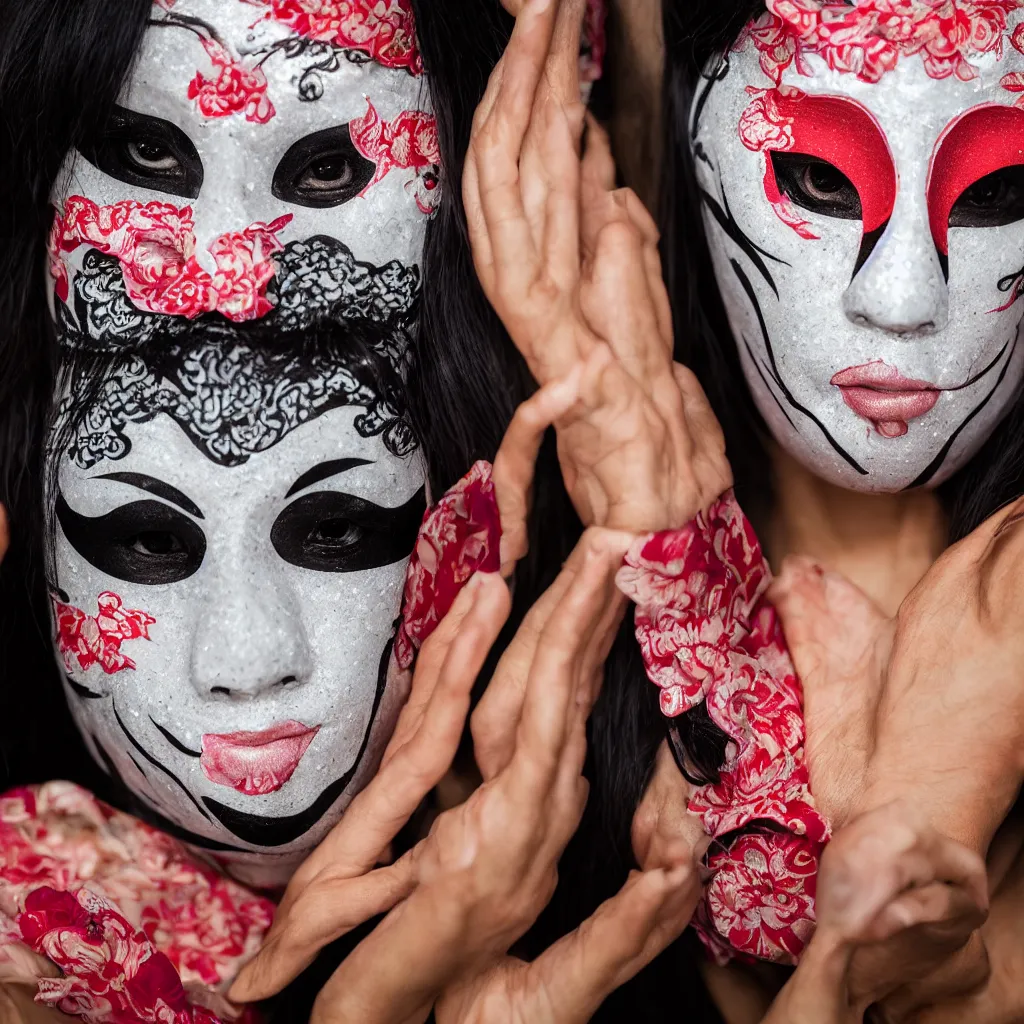 Prompt: highly detailed editorial photography of a face wearing a glowing Kabuki mask, at twilight, ultra fashion, 105mm f2.8