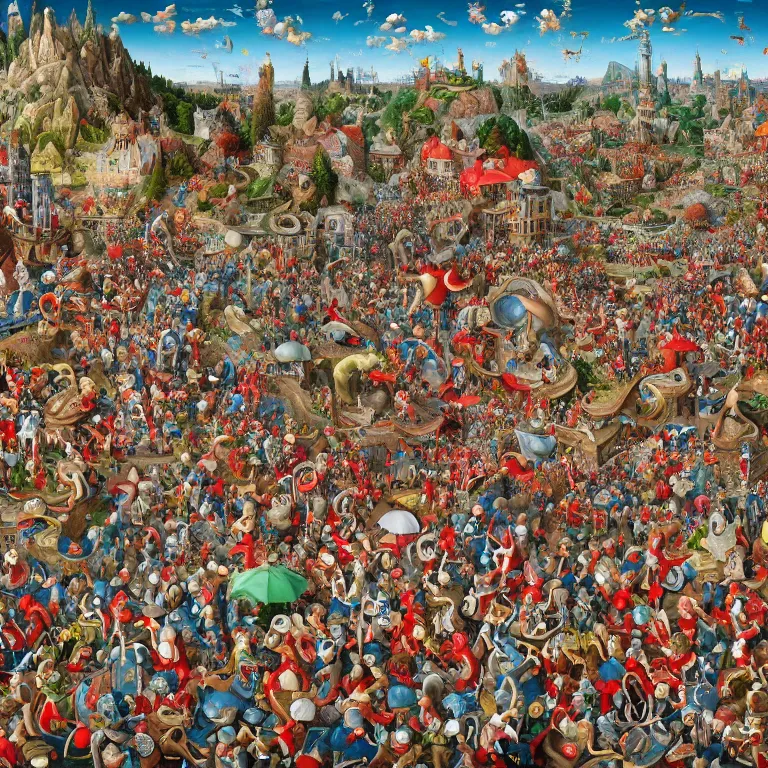 Image similar to an incredibly detailed masterpiece photo of a Where's Waldo puzzle by bosch, ornate, beautiful, bold colors, detailed, high resolution, wow!, realistic, photorealism, intricate, 4k octane render, HDR, unreal engine, zbrush, vfx, very realistic