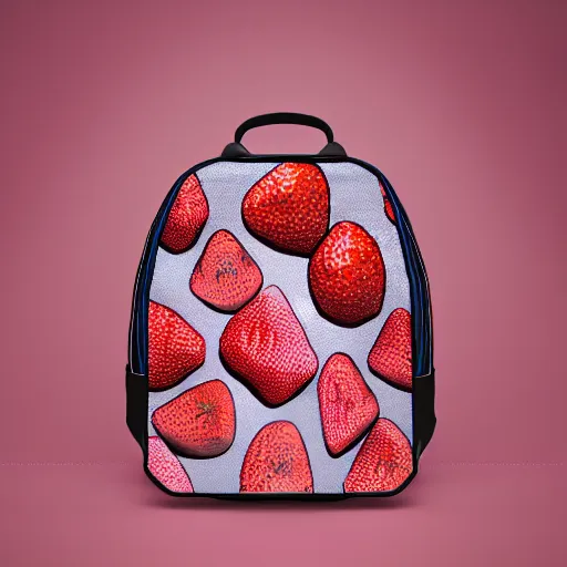 Prompt: a backpack balenciaga in strawberry fruit pattern, digital art, octane render, hasselblad photo, 4 k resolution, fashion design