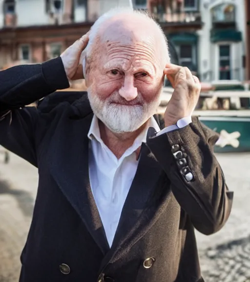 Image similar to silly portrait of hide the pain harold saluting, round face, earnest, stock photo, Nikon 50mm f/1.8G, greg rutkowski, ilya repin