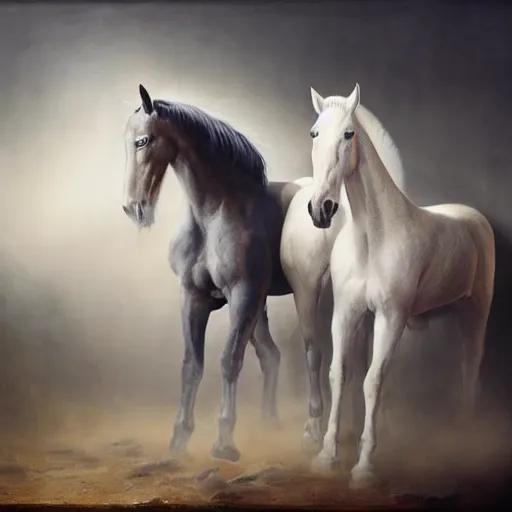 Prompt: a stunning ultra realistic painting of horses diffused into one another inside a stable by tom bagshaw, 24mm lens, 4k