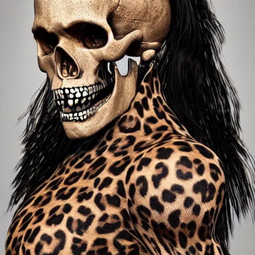 Image similar to Skull that look too much like skull!, an 8k CG character rendering of a spider-like hunting female on its back, fangs extended, wearing a leopard-patterned dress, set against a white background, with textured hair and skin.