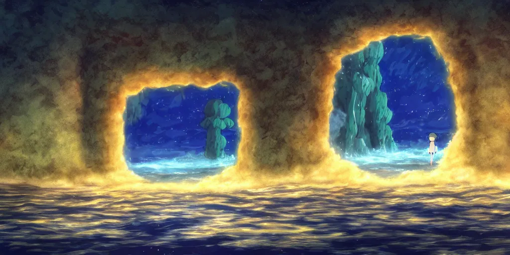 Image similar to a cell - shaded studio ghibli concept art study of a square dimensional portal doorway in a flooded desert on a misty starry night. a waterfall is flowing out of the portal. very dull colors, hd, 4 k, hq