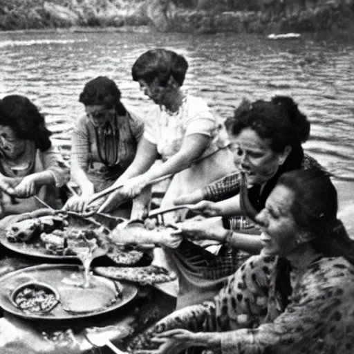 Prompt: a group of women feasting on trouts