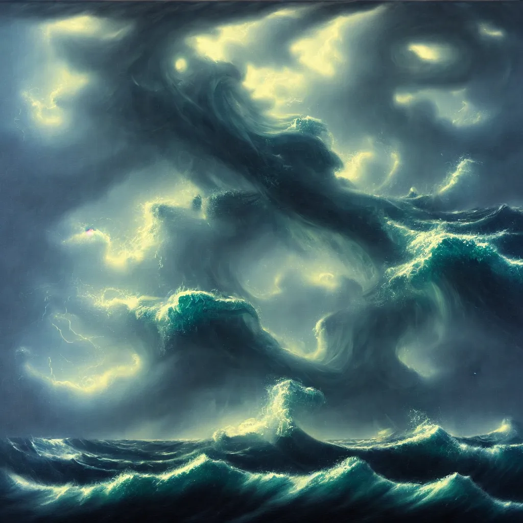 Prompt: a fantasy seascape. subject : giant dark kraken in a stormy sea with a small boat, giant waves, lightning in the background, oil painting, 4 k