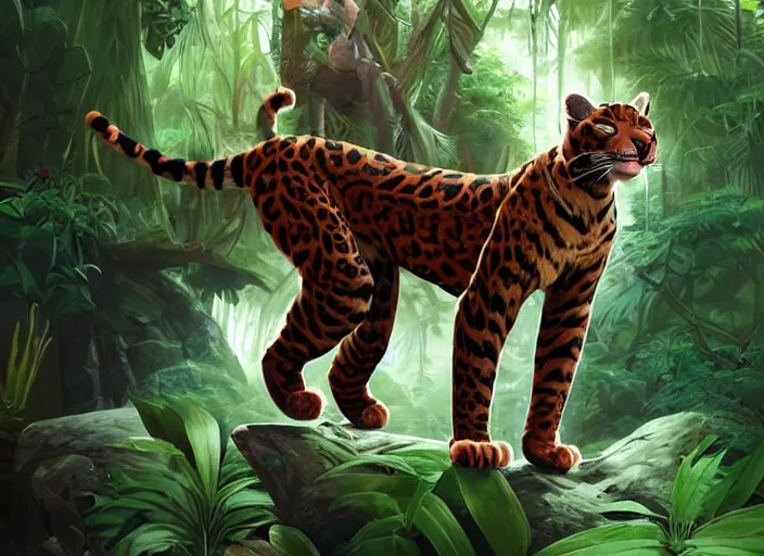 Image similar to character portrait feature of the anthro male anthropomorphic jungle cat jaguar fursona animal person wearing shaman outfit robes belt in the amazon rainforest, character design stylized by charlie bowater, ross tran, artgerm, makoto shinkai, detailed, soft lighting, rendered in octane