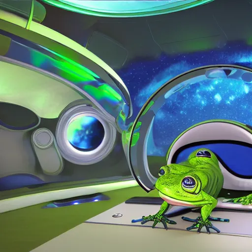 Image similar to frog sitting in the middle of spaceship ; hi - tech ; vaporwave ; unreal engine, wide angle