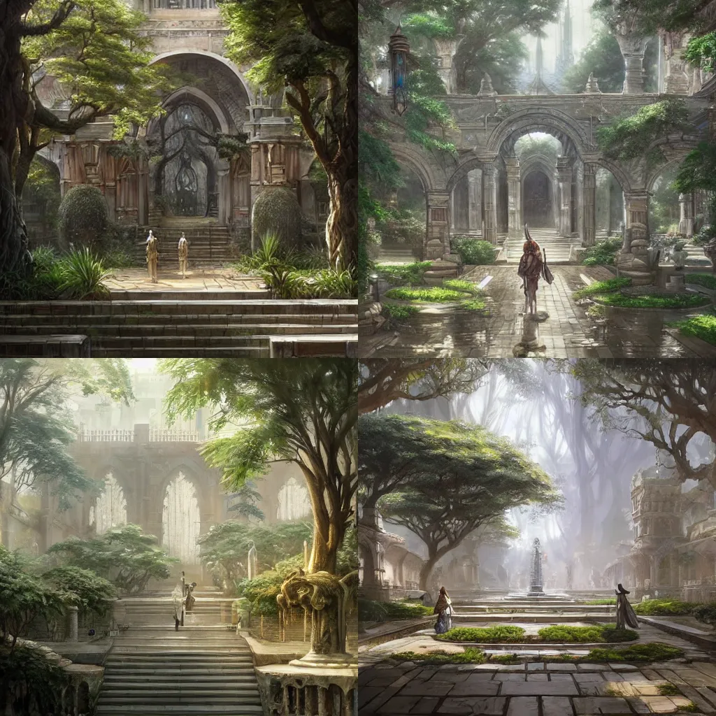 Image similar to A wide open courtyard in a beautiful elven city made of ivory, anime, lush trees, fountain, a fantasy digital painting by Greg Rutkowski and James Gurney, trending on Artstation, highly detailed