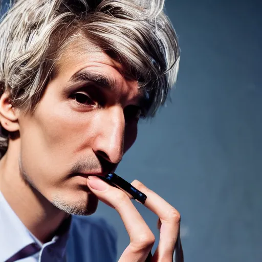 Image similar to a closeup photo of really handsome xqc smoking,