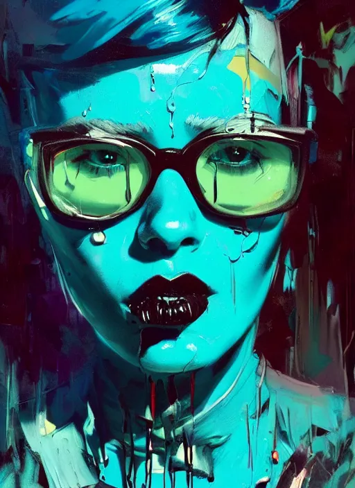 Prompt: a goth girl with turquoise hair, strong face, high cheekbones, defiant, wearing sunglasses, futuristic clothes, vibrant colors, glitchy, rule of thirds, spotlight, drips of paint, expressive, passionate, by greg rutkowski, by jeremy mann, by francoise nielly, by van gogh, digital painting