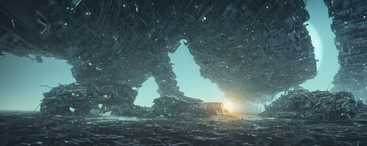 Prompt: movie still, intricate derelict hive megastructures, thin horizontal nebula, a dark epic galaxy, space scene, dark scifi, unreal engine, octane render, detailed and intricate, global illumination, volumetric lighting, hubble telescope images, james webb telescope images, houdini fluid simulation, detailed and intricate environment