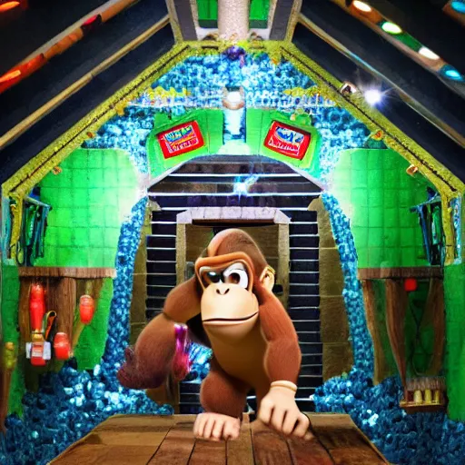 Prompt: Donkey Kong in a beautiful mine, with crystals on the walls.