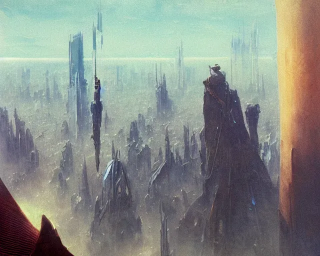 Image similar to a man falling, futuristic city background, sci - fi, cyberpunk, dune movie, ridley scott, denis villeneuve, painted by zdzislaw beksinski and artgerm and greg rutkowski and alphonse mucha