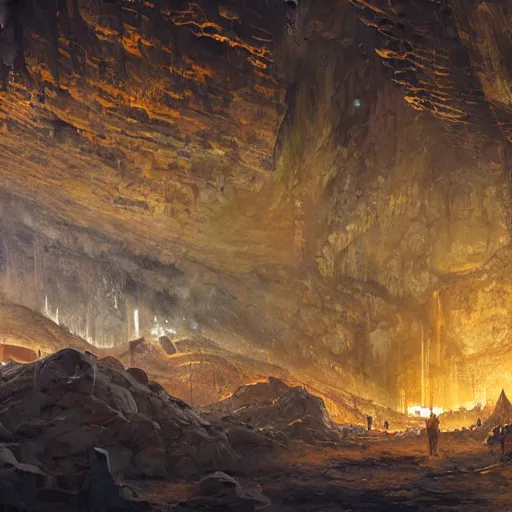 Prompt: panorama view of a complex crystal mine in an enormous underground cave system, painting, by greg rutkowski