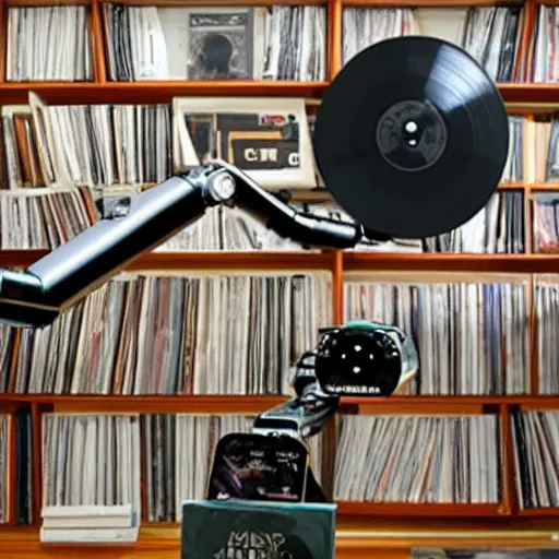Prompt: a record player robot with a long robotic arm that grabs albums off the shelf