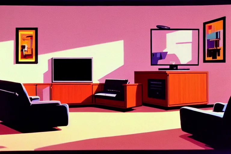 Image similar to a living room in 1984!! A 20 inches CRT TV is on!!! with Netflix on the screen!!!!! Trending on artstation, painted by Syd Mead, Low key lighting, ultra detailed, 8k