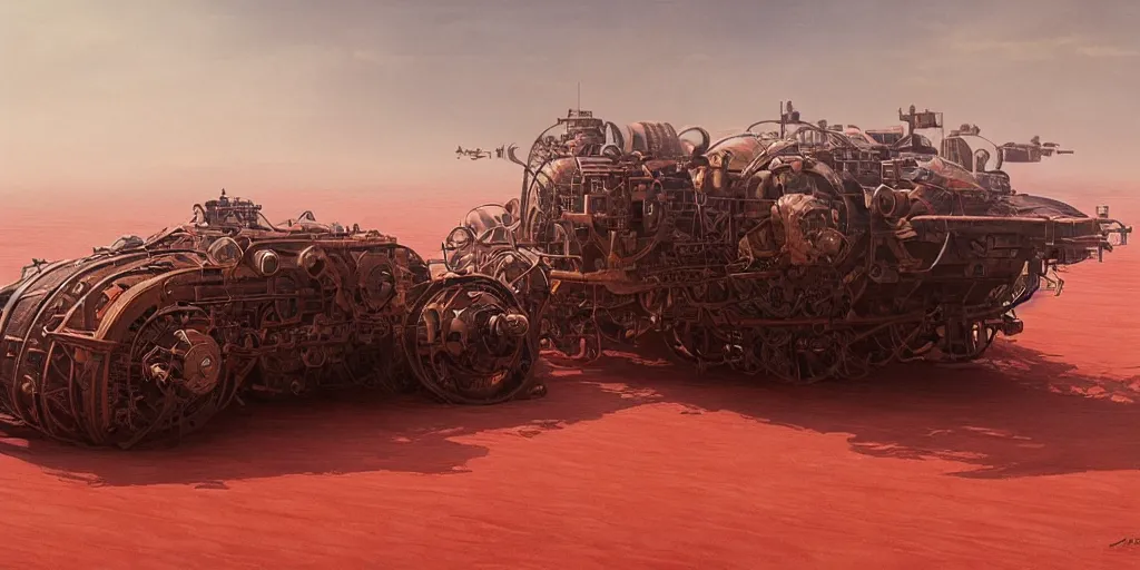 Image similar to steampunk hovercraft going at high speed across a red desert, trailing red sand, greg rutkowski, 8 k, shallow depth of field, intricate detail, concept art,