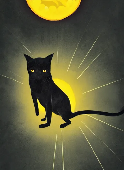 Image similar to a black cat standing on top of a yellow sun, a storybook illustration by sara saftleven, behance contest winner, nuclear art, sunrays shine upon it, god rays, digital illustration