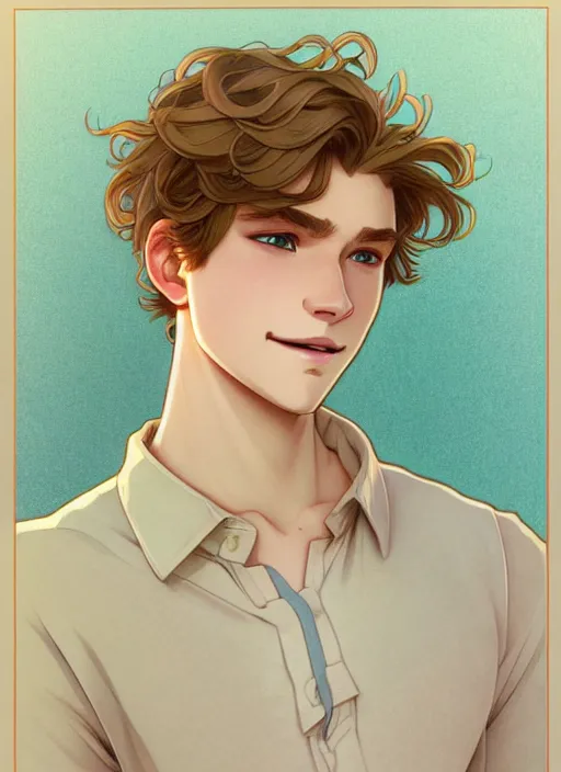 Image similar to young man with medium - length, curly, golden hair, perfectly proportioned face, aquamarine eyes, sweet smile, natural lighting, path traced, highly detailed, high quality, cartoon, digital painting, by new haicheng and studio ghibli and alphonse mucha