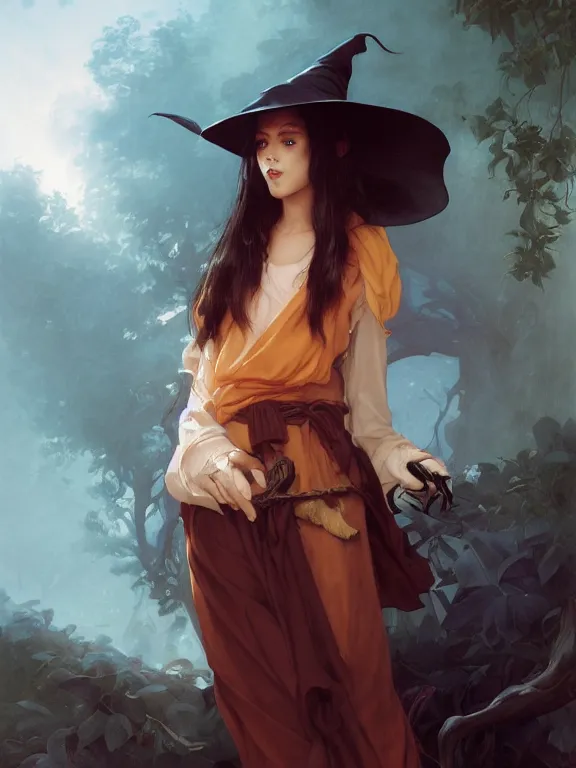 Image similar to Full shot of a mischievous young witch about to get up to some trouble. Latin American fashion. Black and Orange palette. Latina girl. brown skin. defined facial features, symmetrical facial features. By Ruan Jia and Artgerm and Range Murata and WLOP and Ross Tran and William-Adolphe Bouguereau. Key Art. Fantasy Illustration. award winning, Artstation, intricate details, realistic, Hyperdetailed, 8k resolution.