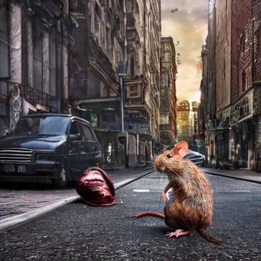 Image similar to an ultra realistic 8 k hdr photo of an elderly haggered raggedy zombie sniffing a rat on a city street