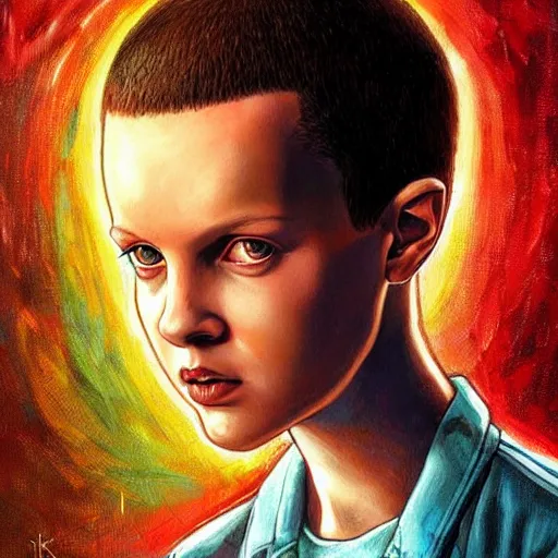 Prompt: a portrait of Eleven from Stranger things by Karol Bak, character, vibrant , female-focus,