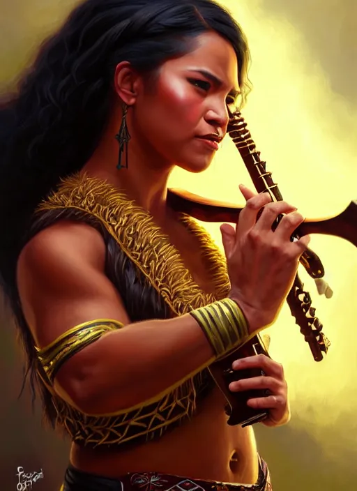 Image similar to a _ fantasy _ style _ portrait _ painting _ of samoan female charismatic bard playing instrument, rpg dnd oil _ painting _ unreal _ 5 _ daz. _ rpg _ portrait _ extremely _ detailed _ artgerm _ greg _ rutkowski _ greg