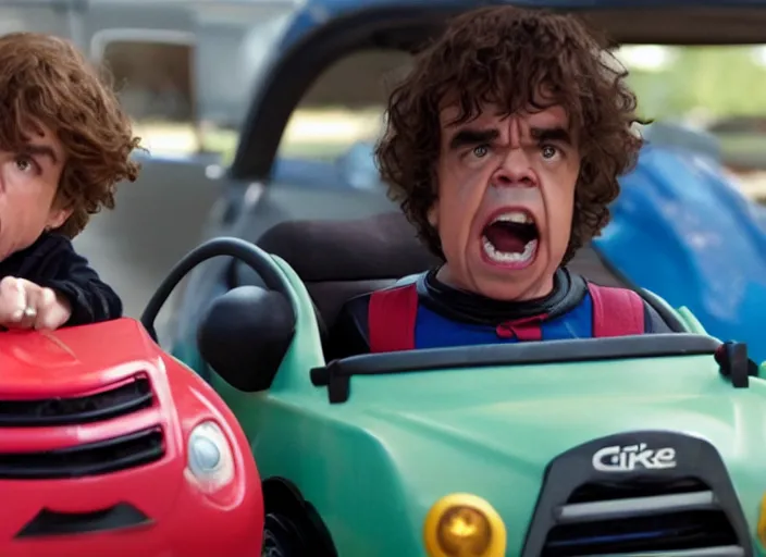 Image similar to peter dinklage racing gary coleman driving a little tikes cars, movie still, from the new fast and furious movie, 8 k, realistic